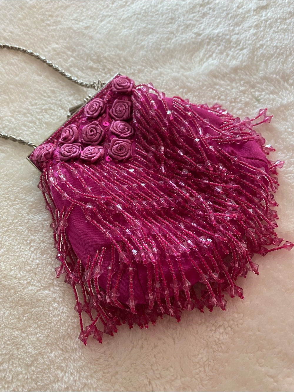 Jessica McClintock Hot Pink Beaded Fringe Clutch Rose Appliqués & Silver Strap